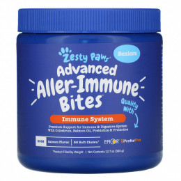 Zesty Paws, Advanced Aller-Immune Bites для собак, иммунная система, для пожилых людей, со вкусом лосося, 90 жевательных таблеток, 360 г (12,7 унции)