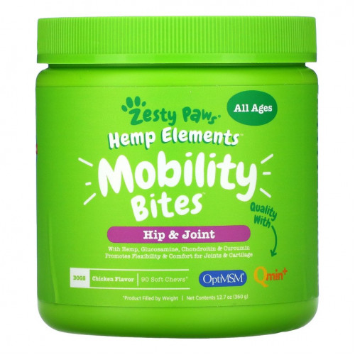 Zesty Paws, Hemp Elements, Mobility Bites For Dogs, All Ages, Chicken Flavor, 90 Soft Chews