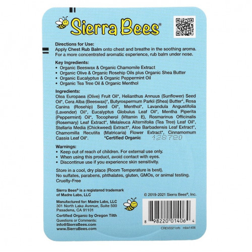 Sierra Bees, Бальзам для втирания в грудь, эвкалипт и перечная мята, 17 г (0,6 унции)