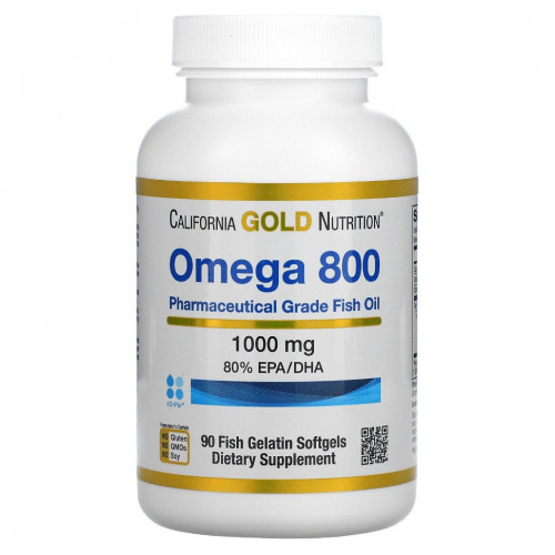 California Gold Nutrition, омега 800, рыбий жир фармацевтической степени чистоты, 80% ЭПК/ДГК, в форме триглицеридов, 1000 мг, 90 рыбно-желатиновых капсул