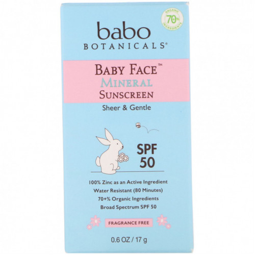 Babo Botanicals, Baby Face, солнцезащитное средство на минеральной основе в виде стика, SPF 50, 17 г