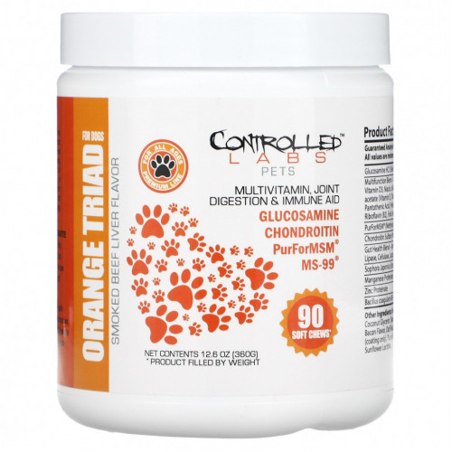 Controlled Labs Pets, Orange TRIad для собак, для всех возрастов, с копченой говяжьей печенью, 90 жевательных таблеток