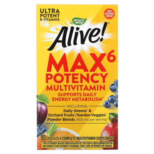 Nature's Way, Alive! Max6 Potency, мультивитамины повышенной эффективности, без добавления железа, 90 капсул