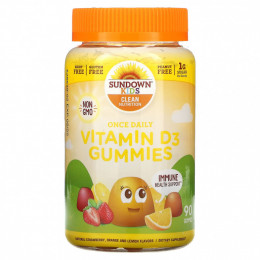 Sundown Naturals Kids, Один раз в день жевательные мармеладки с витамином D3, натуральная клубника, апельсин и лимон, 90 жевательных таблеток