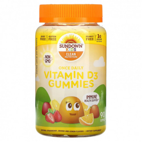 Sundown Naturals Kids, Один раз в день жевательные мармеладки с витамином D3, натуральная клубника, апельсин и лимон, 90 жевательных таблеток