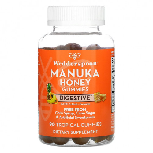 Wedderspoon, Жевательные мармеладки с медом Manuka, для пищеварительной системы, тропические, 90 жевательных таблеток