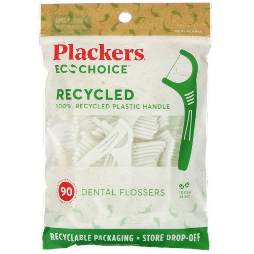 Plackers, EcoChoice, зубные нити, свежая мята, 90 штук