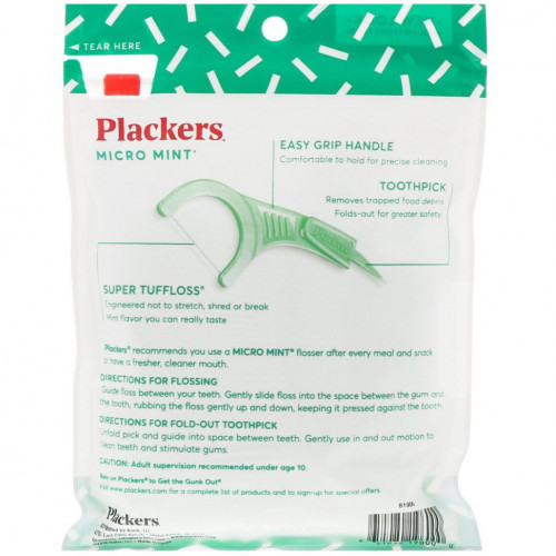 Plackers, Micro Mint, зубочистки с нитью, мята, 90 шт.