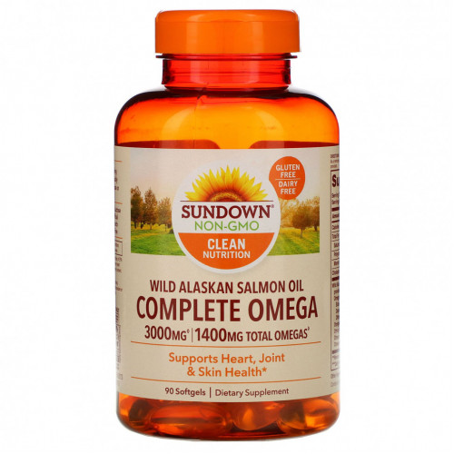 Sundown Naturals, Complete Omega, жир дикого аляскинского лосося, 1400 мг, 90 мягких таблеток