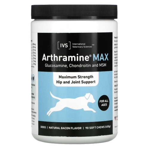 International Veterinary Sciences, Arthramine Max, максимальная сила поддержки бедер и суставов, для собак, бекон, 90 жевательных таблеток