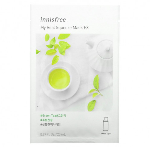 Innisfree, My Real Squeeze Beauty Mask EX, зеленый чай, 1 шт., 20 мл (0,67 жидк. Унции)