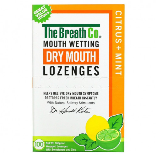 TheBreathCo., Леденцы для смачивания и сухости во рту, цитрусовые и мята, 100 леденцов в оболочке
