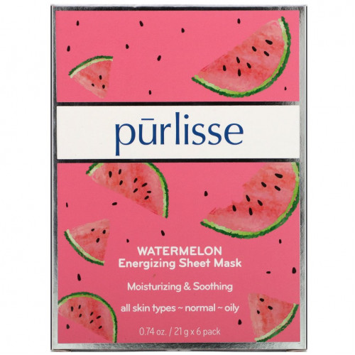 Purlisse, Watermelon, Energizing Sheet Mask, 6 Sheets, .074 oz (21 g) Each