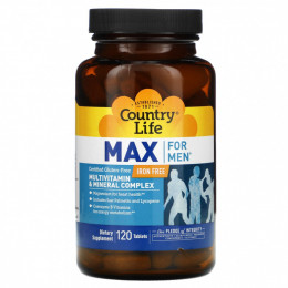 Country Life, Max for Men, комплекс мультивитаминов и микроэлементов для мужчин, не содержит железа, 120 таблеток