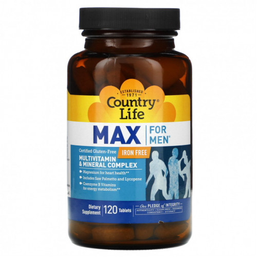 Country Life, Max for Men, комплекс мультивитаминов и микроэлементов для мужчин, не содержит железа, 120 таблеток