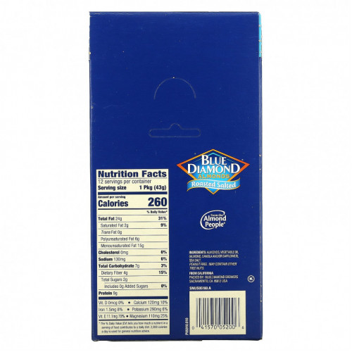 Blue Diamond, Миндаль, обжаренный с солью, 12 тюбиков по 43 г (1,5 унции)