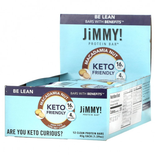 JiMMY!, Be Lean Bars With Benefits, орех макадамия, 12 протеиновых батончиков, 45 г (1,59 унции)