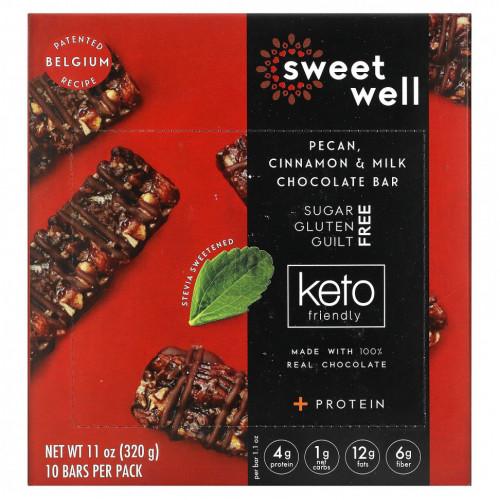 Sweetwell, Keto Bar, батончик с пеканом, корицей и молочным шоколадом, 10 батончиков, 32 г (1,1 унции)