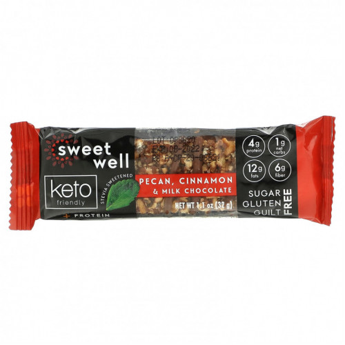 Sweetwell, Keto Bar, батончик с пеканом, корицей и молочным шоколадом, 10 батончиков, 32 г (1,1 унции)