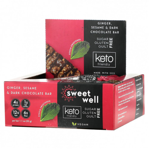 Sweetwell, Keto Bar, имбирь, кунжут и темный шоколад, 10 батончиков по 32 г (1,1 унции)