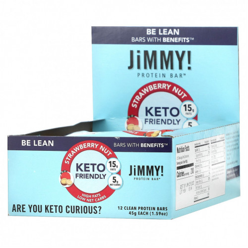 JiMMY!, Be Lean Bars With Benefits, клубника и орех, 12 протеиновых батончиков, 45 г (1,59 унции)