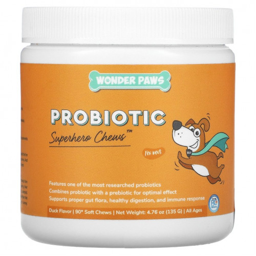 Wonder Paws, Probiotic, супергеройские жевательные таблетки для собак, для всех возрастов, для утки, 90 мягких жевательных таблеток