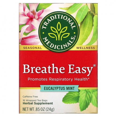 Traditional Medicinals, Breathe Easy, эвкалипт и мята, без кофеина, 16 чайных пакетиков в упаковке, 24 г (0,85 унции)