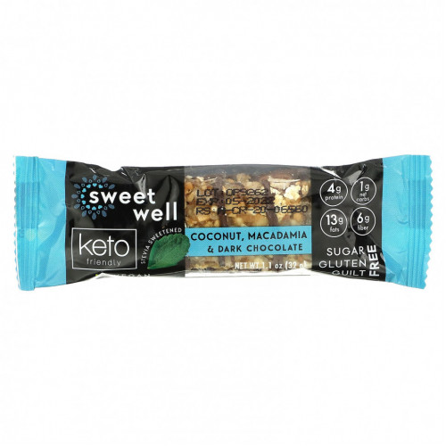 Sweetwell, Keto Bar, кокос, макадамия и темный шоколад, 10 батончиков по 32 г (1,1 унции)