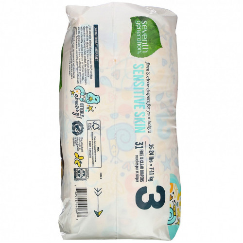 Seventh Generation, Free & Clear Diapers, Size 3, 16-24 lbs, 31 Diapers