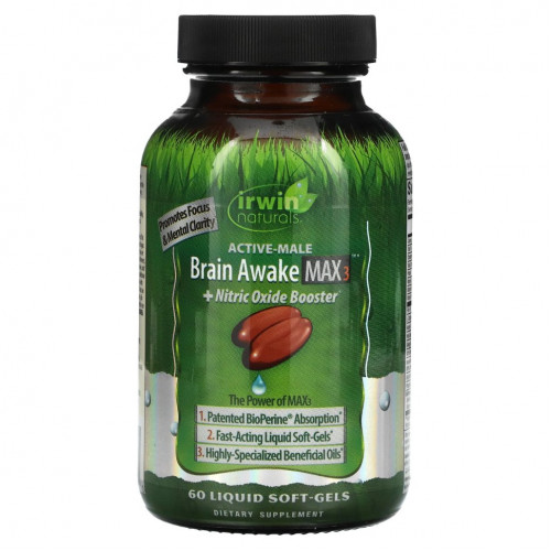 Irwin Naturals, Brain Awake Max 3 + бустер с оксидом азота, 60 желатиновых капсул