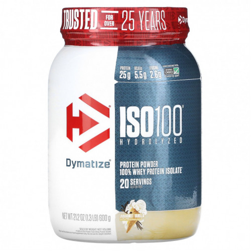 Dymatize, ISO 100, гидролизованный, порошок из 100% изолята сывороточного протеина, изысканная ваниль, 600 г (1,3 фунта)