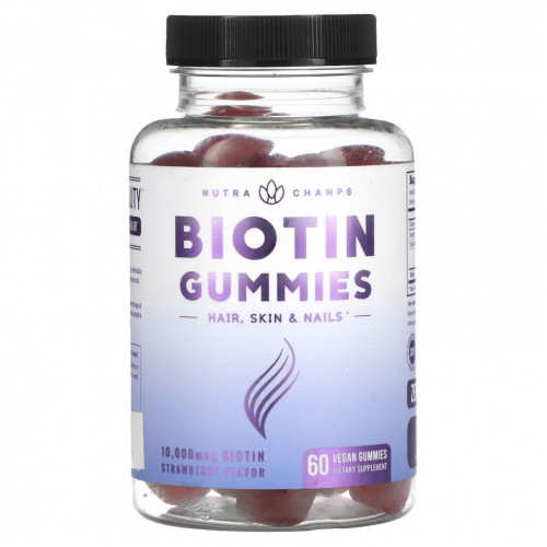 NutraChamps, Biotin Gummies, Strawberry, 5,000 mcg, 60 Vegan Gummies