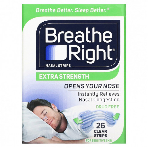 Breathe Right, Полоски для носа, усиленная, для чувствительной кожи, 26 прозрачных полосок