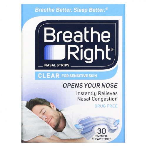 Breathe Right, Полоски для носа, средние / средние, прозрачные, 30 шт.