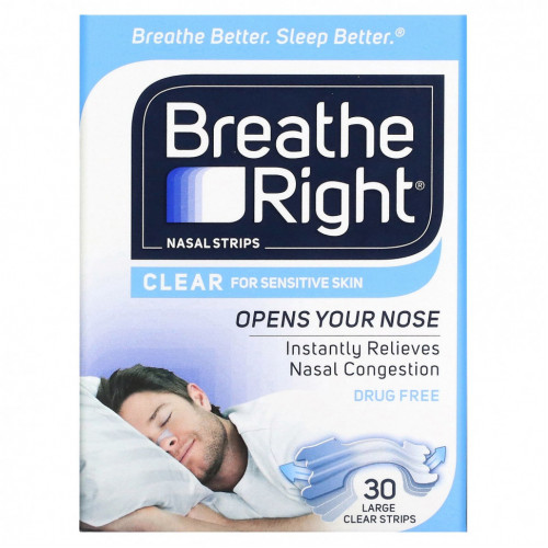 Breathe Right, Полоски для носа, прозрачные для чувствительной кожи, большие, 30 прозрачных полосок