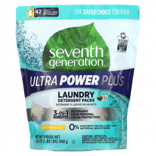 Seventh Generation, Средства для стирки, Ultra Power Plus, со вкусом цитрусовых, 42 упаковки, 840 г (29,6 унции)