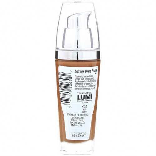 L'Oreal, Тональная основа True Match Healthy Luminous Makeup, SPF 20, оттенок мягкий соболиный C6, 30 мл